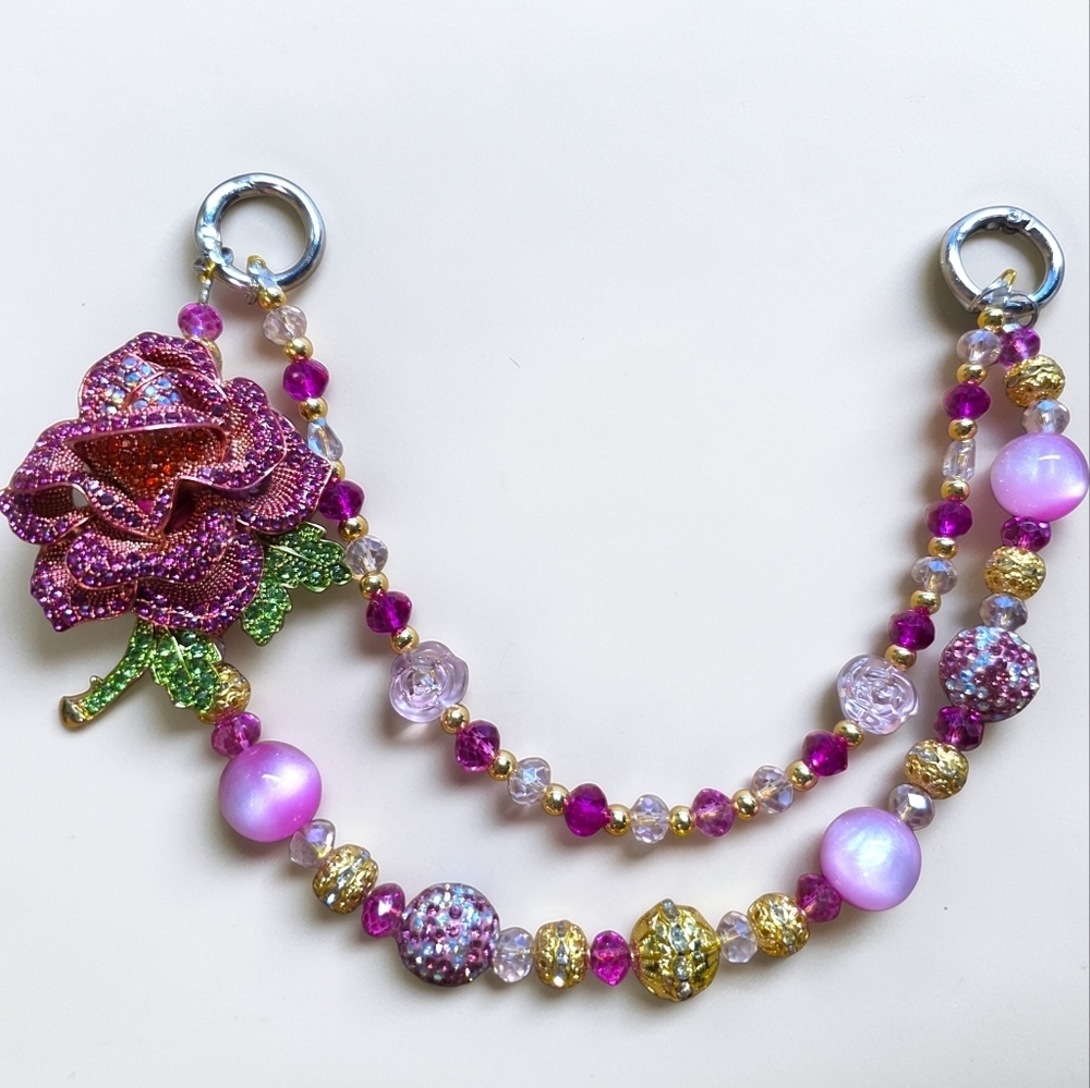 Elegant Pink Rose Beaded Bag Charm